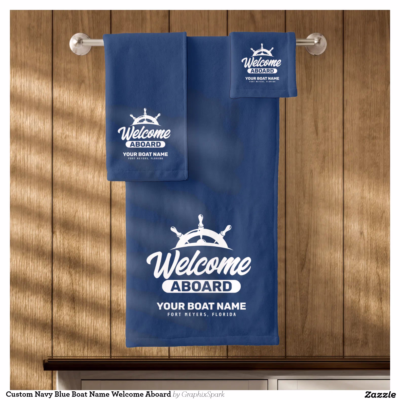 Custom Navy Blue Boat Name Welcome Aboard Bath Towel Set