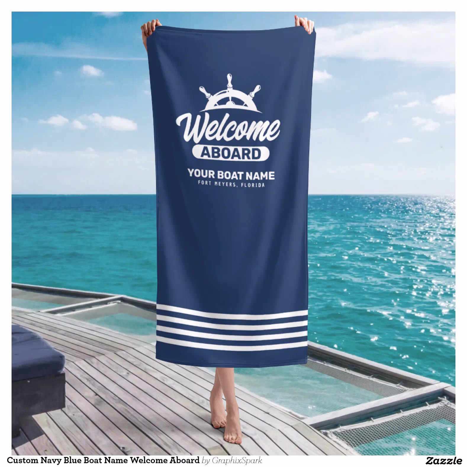 Custom Navy Blue Boat Name Welcome Aboard Beach Towel