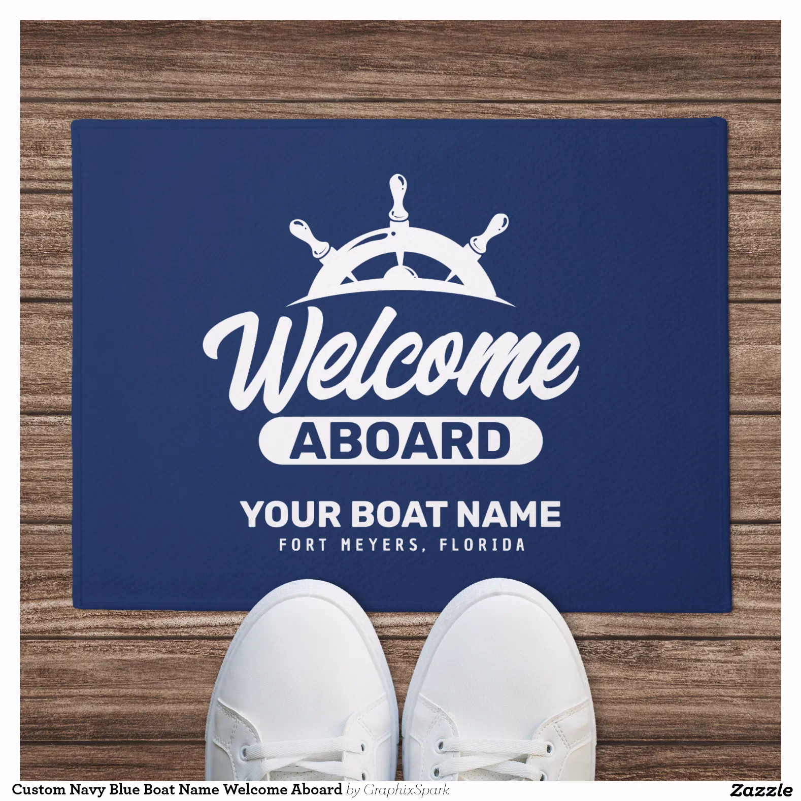 Custom Navy Blue Boat Name Welcome Aboard Doormat