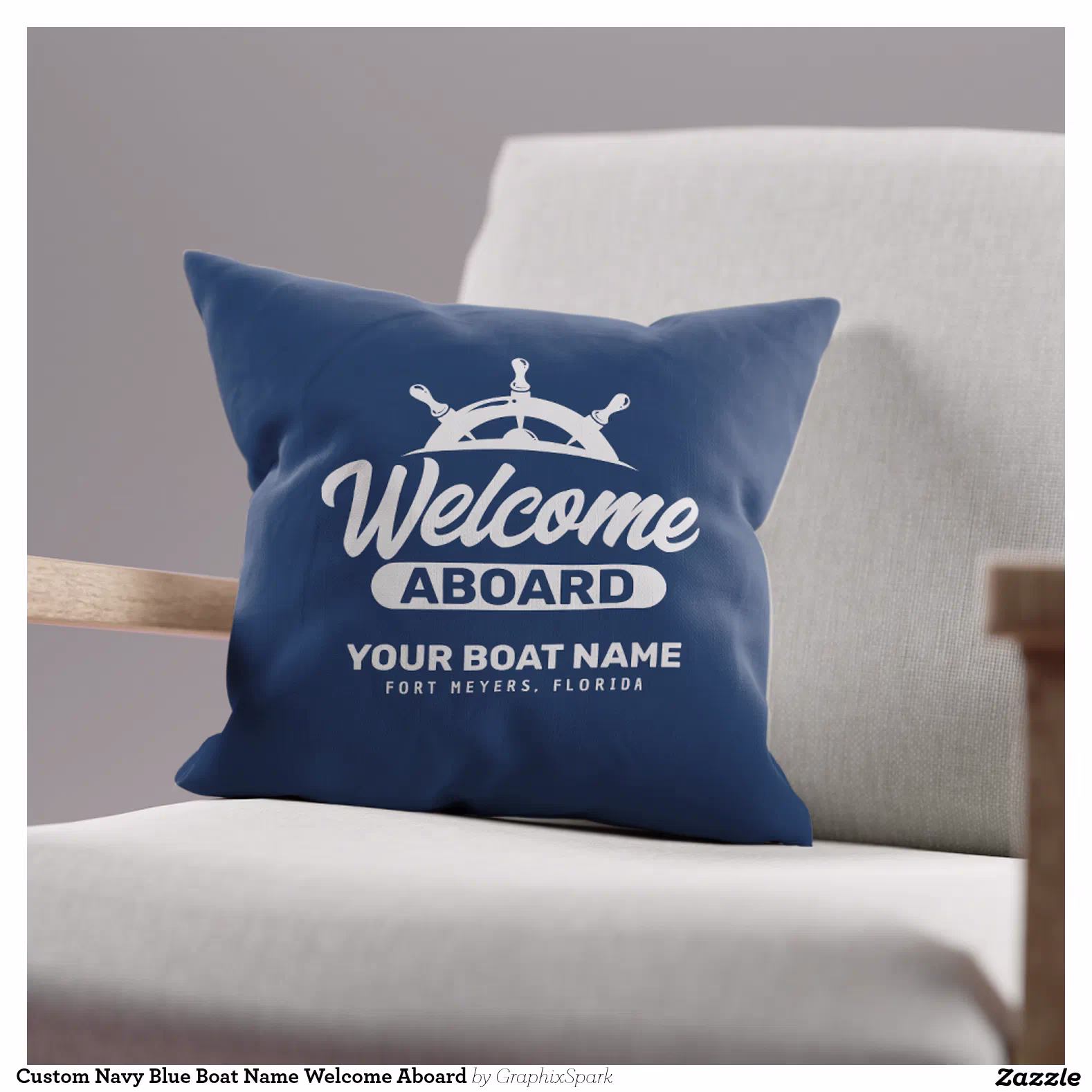 Custom Navy Blue Boat Name Welcome Aboard Throw Pillow