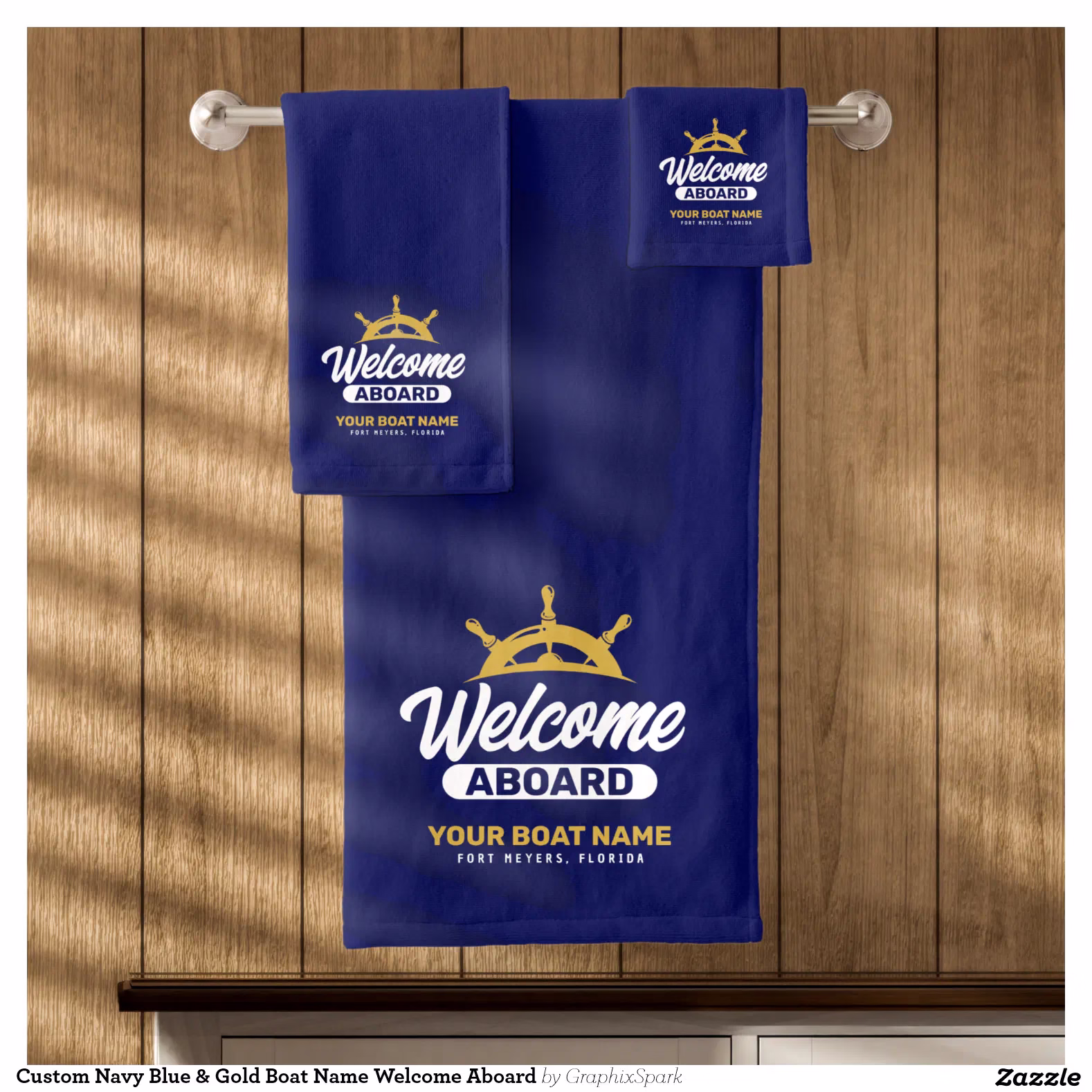 Custom Navy Blue & Gold Boat Name Welcome Aboard Bath Towel Set