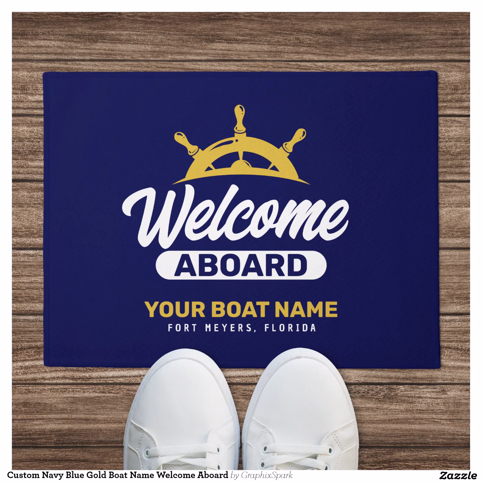 Custom Navy Blue Gold Boat Name Welcome Aboard Doormat