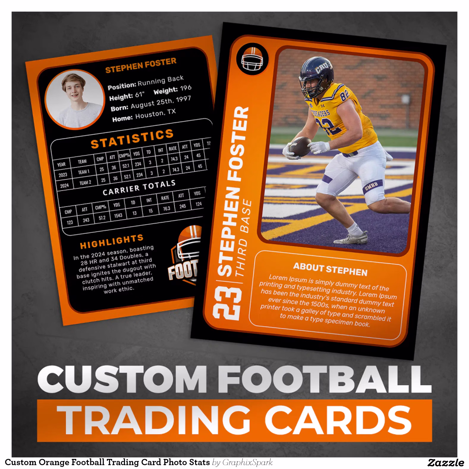Custom Orange Football Trading Card Photo Stats