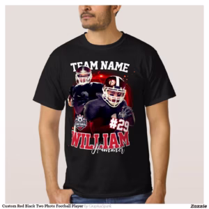 Custom Red Black Two Photo Football Player T-Shirt
