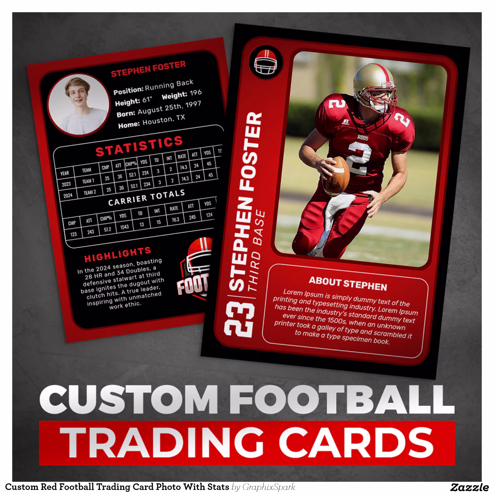 Custom Red Football Trading Card Photo With Stats