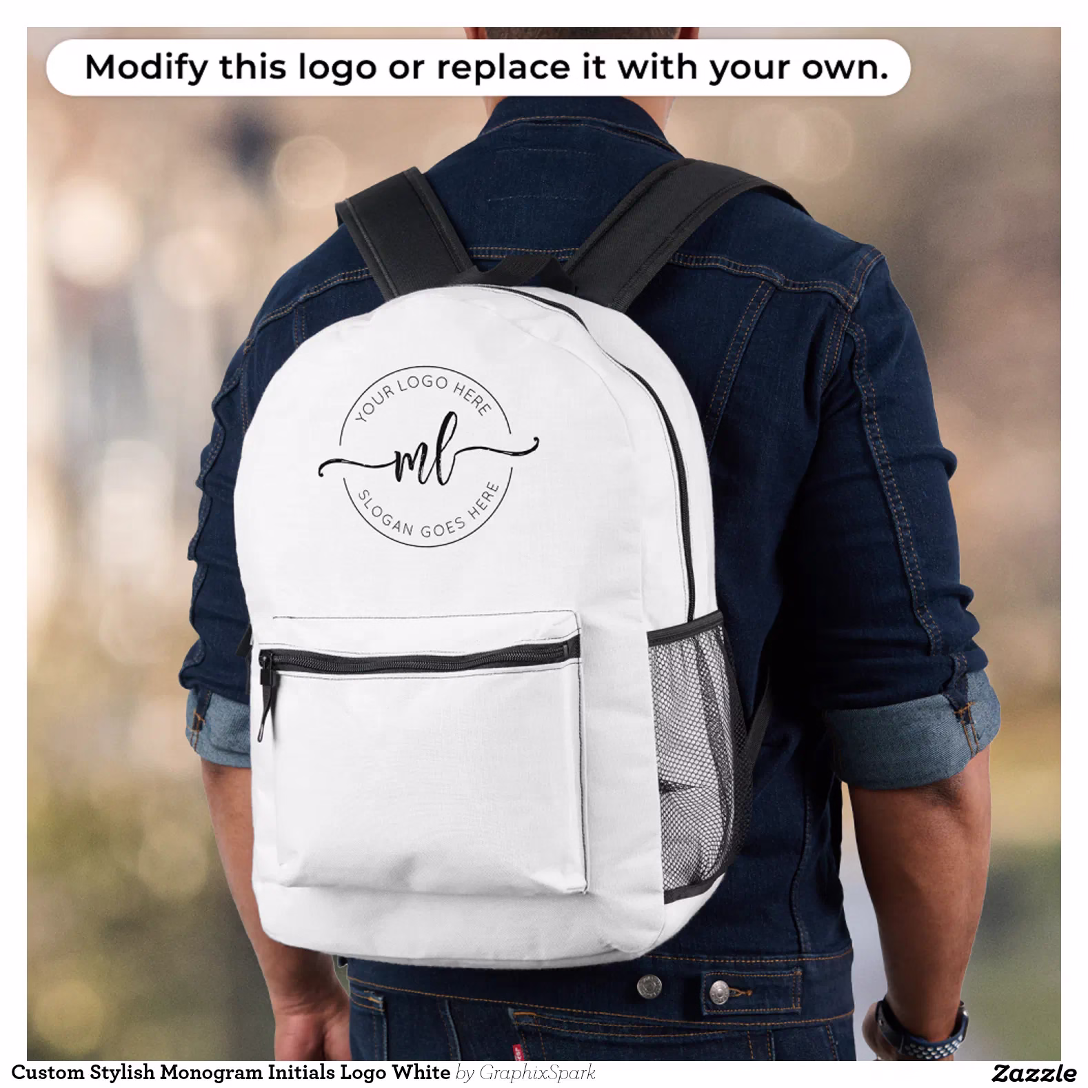 Custom Stylish Monogram Initials Logo White Printed Backpack