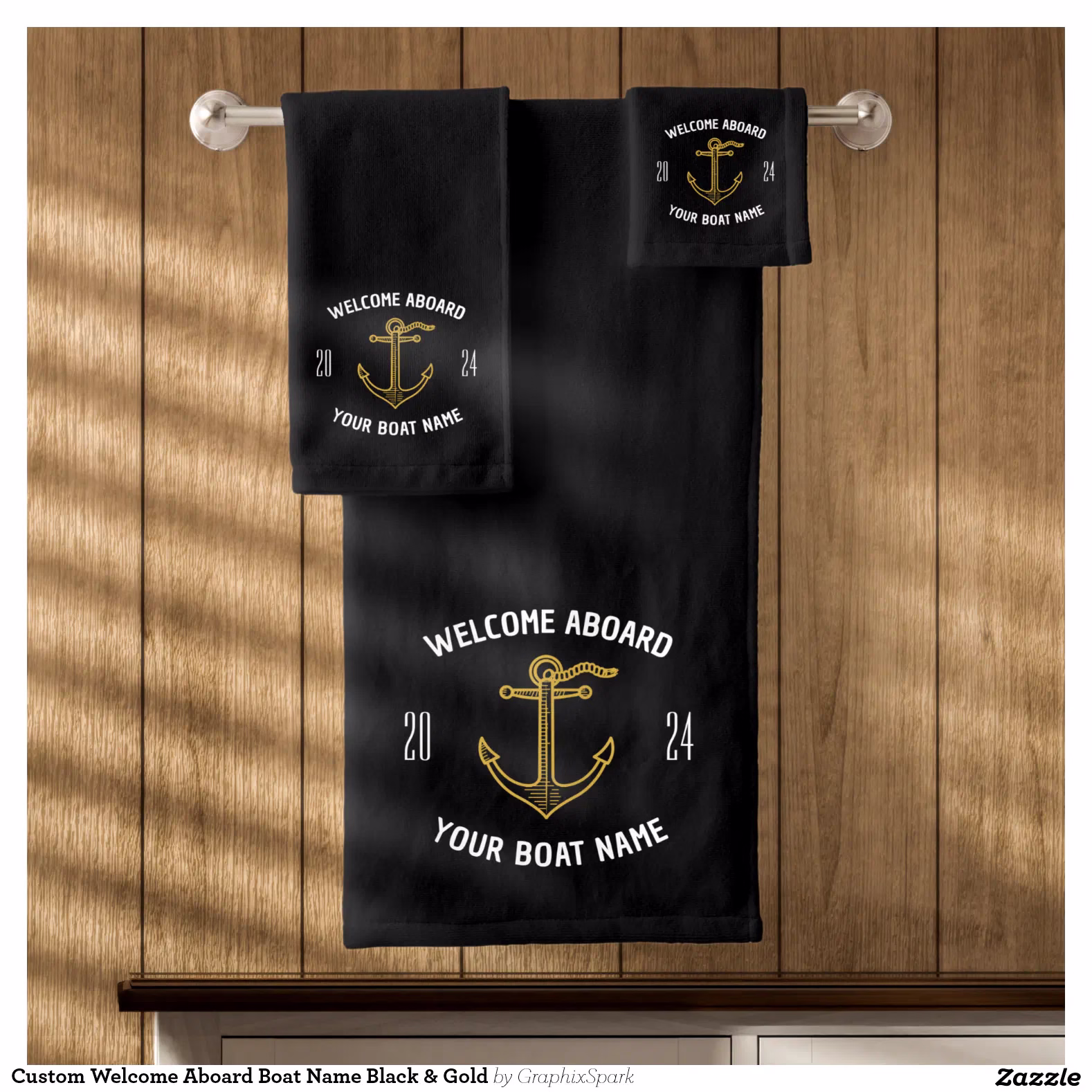 Custom Welcome Aboard Boat Name Black & Gold Bath Towel Set