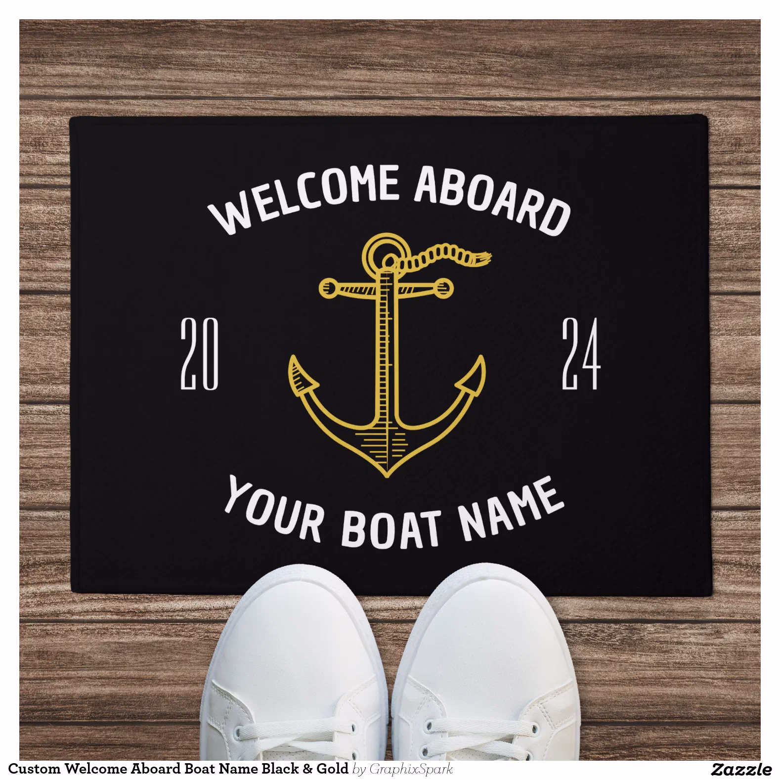 Custom Welcome Aboard Boat Name Black & Gold Doormat