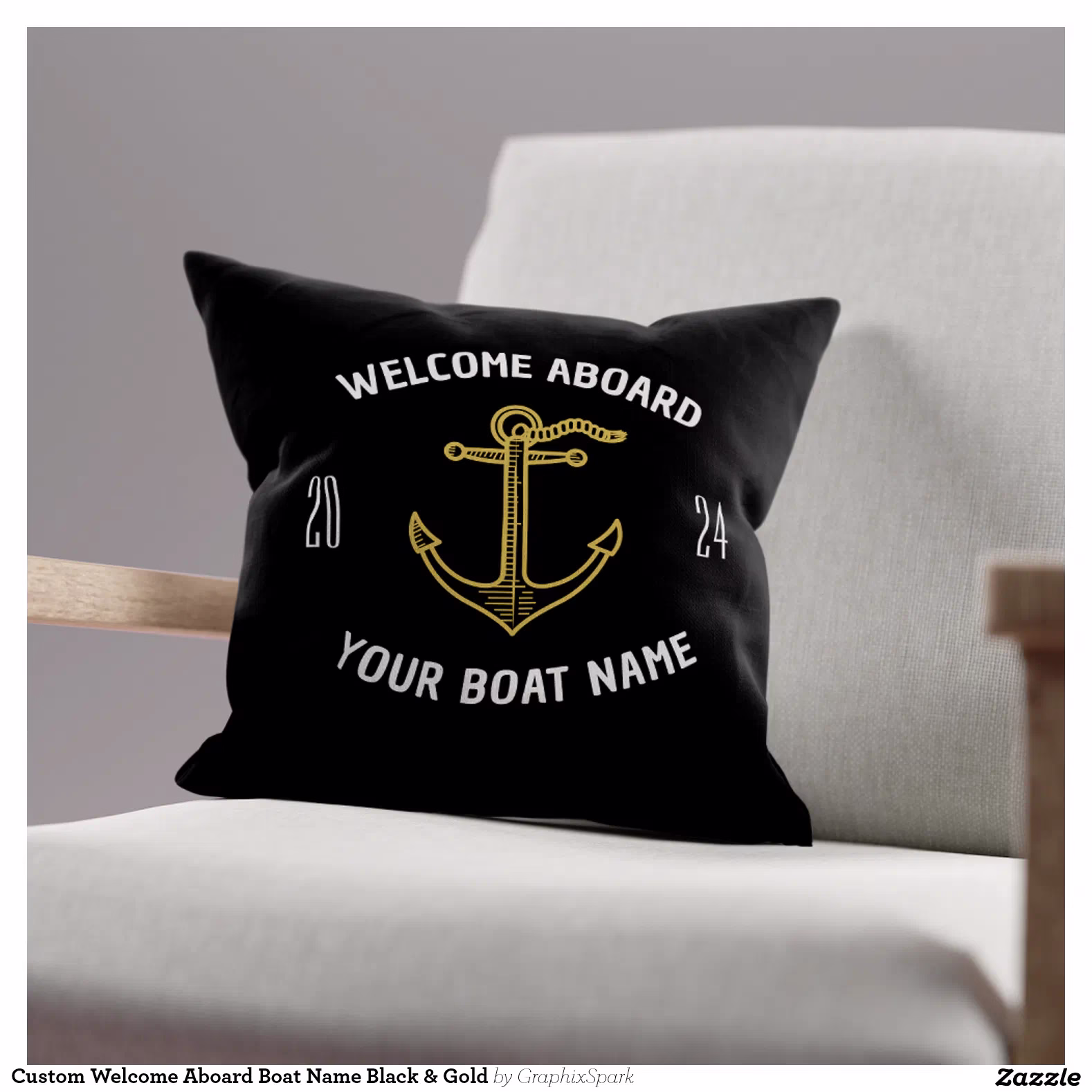 Custom Welcome Aboard Boat Name Black & Gold Throw Pillow
