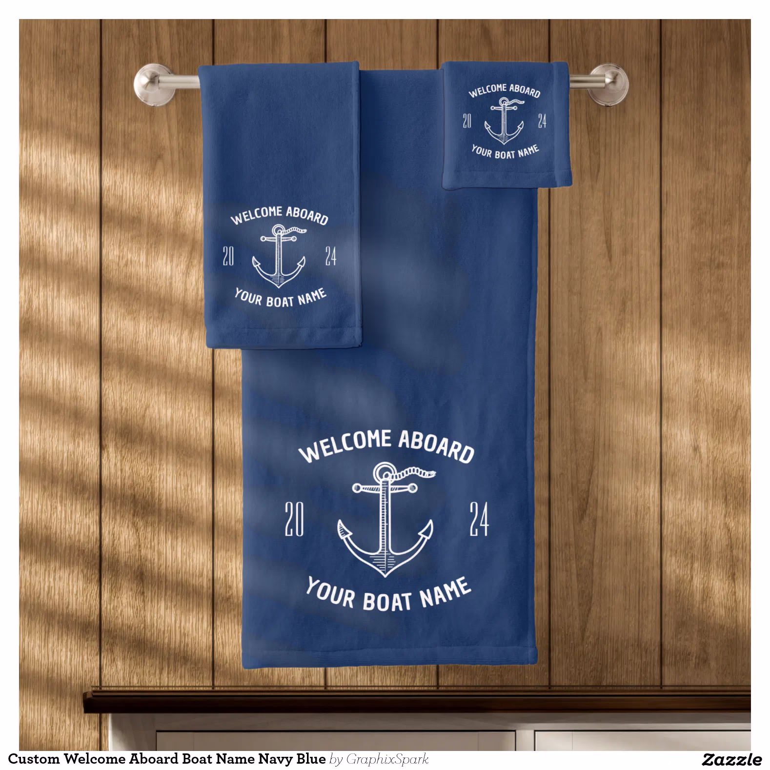 Custom Welcome Aboard Boat Name Navy Blue Bath Towel Set