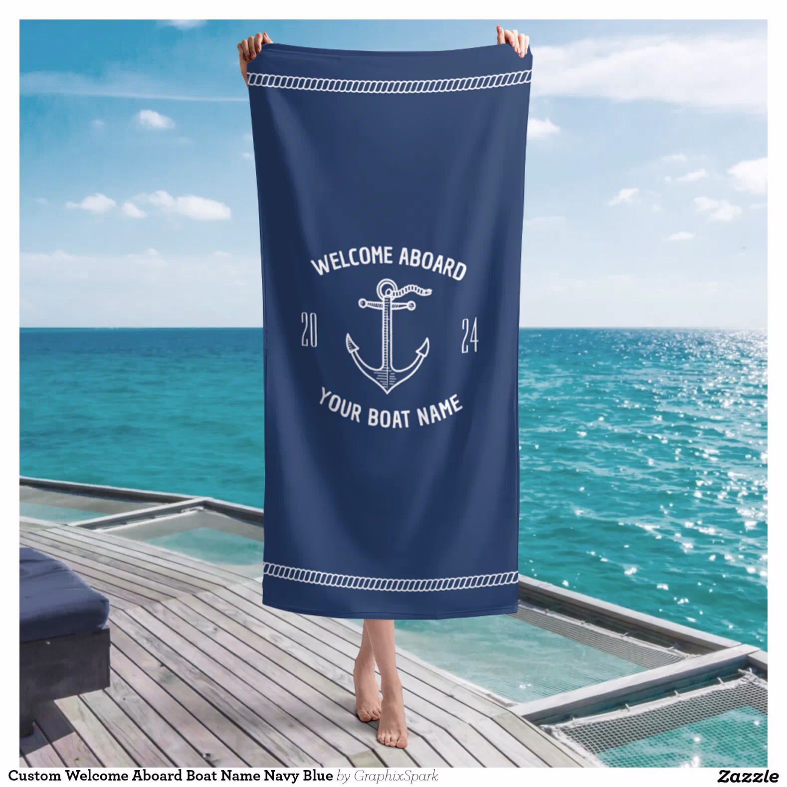 Custom Welcome Aboard Boat Name Navy Blue Beach Towel