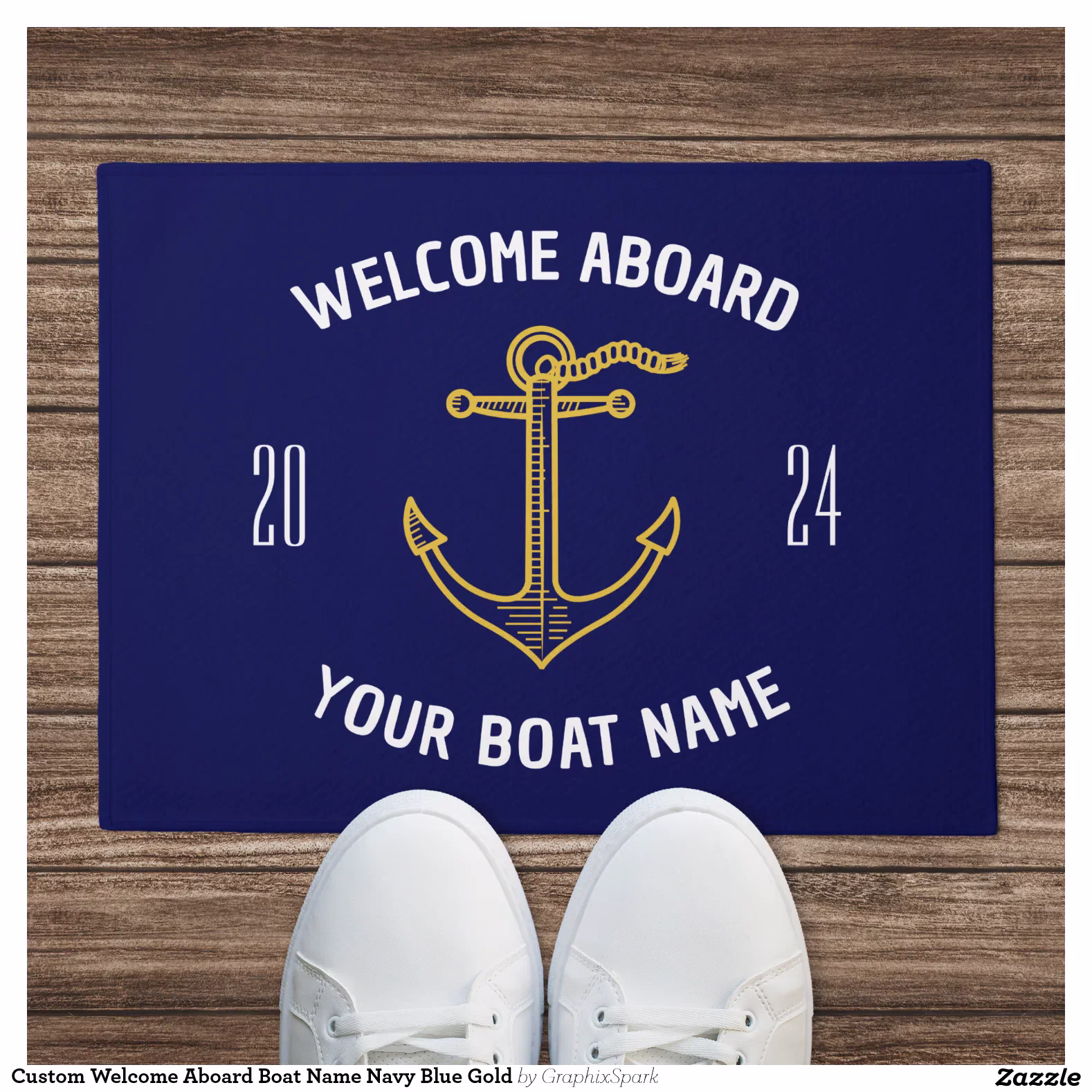 Custom Welcome Aboard Boat Name Navy Blue Gold Doormat