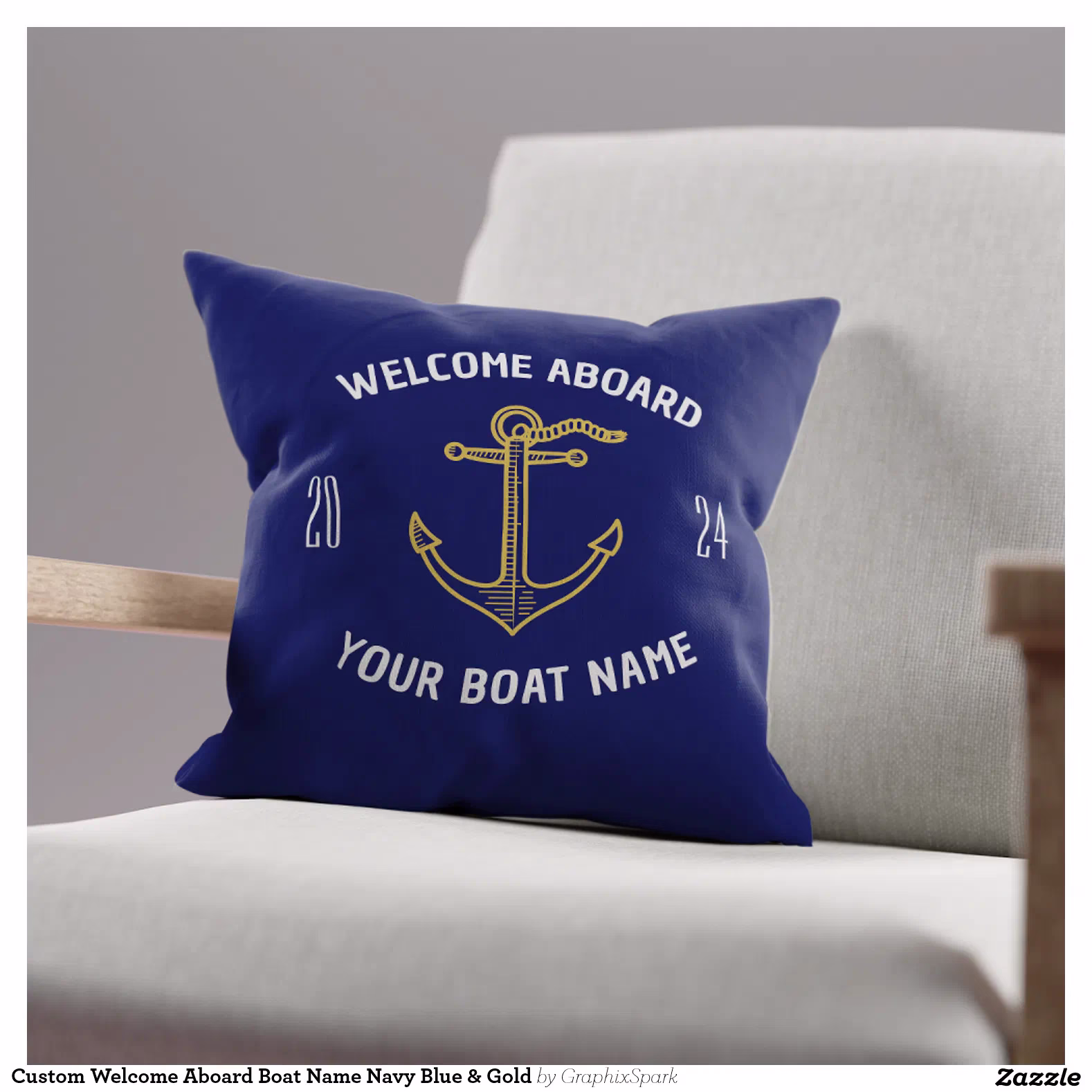 Custom Welcome Aboard Boat Name Navy Blue & Gold Throw Pillow