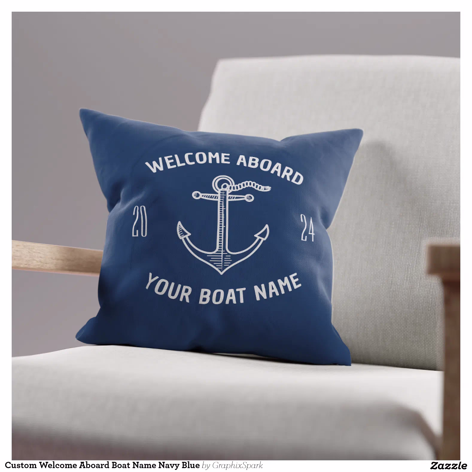 Custom Welcome Aboard Boat Name Navy Blue Throw Pillow