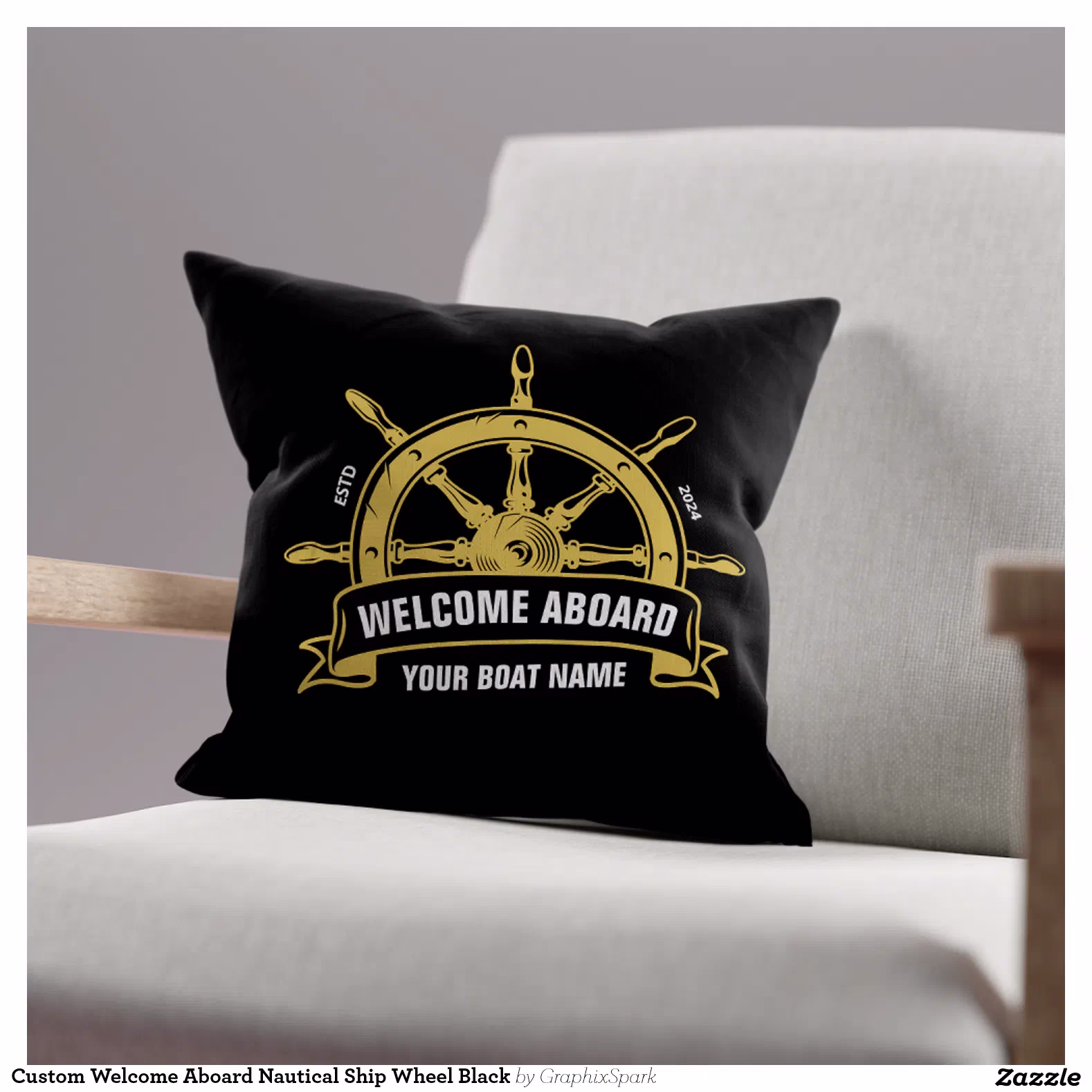 Custom Welcome Aboard Nautical Ship Wheel Black Throw Pillow