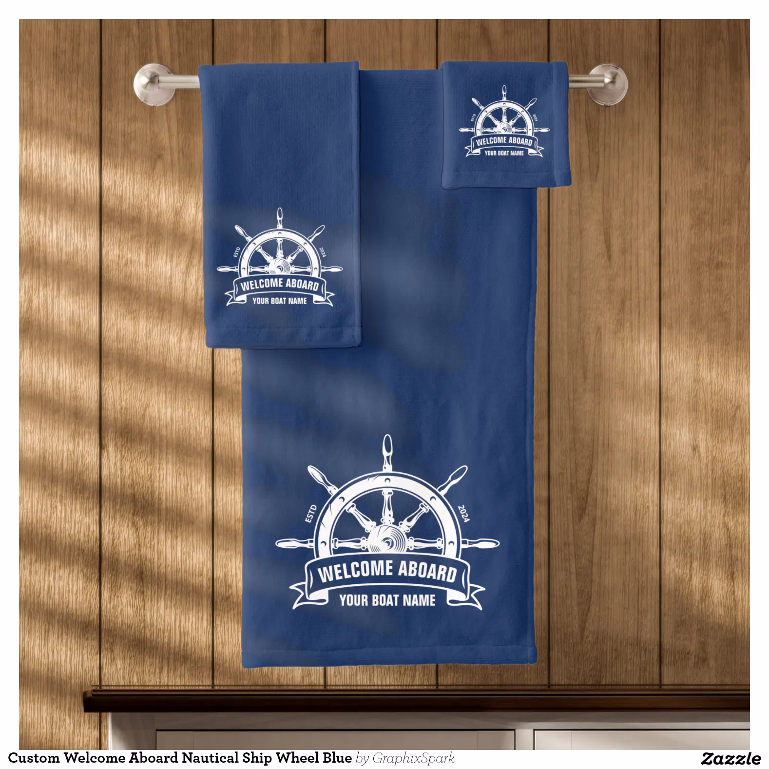 Custom Welcome Aboard Nautical Ship Wheel Blue Bath Towel Set