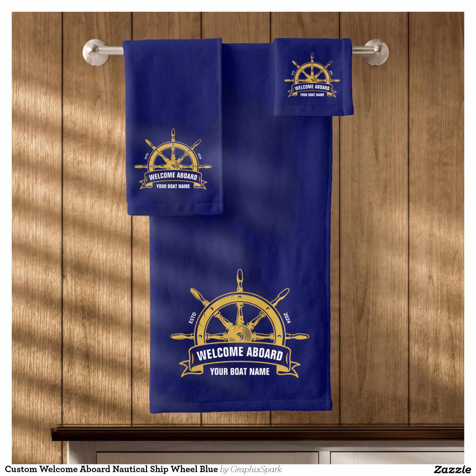 Custom Welcome Aboard Nautical Ship Wheel Blue Bath Towel Set