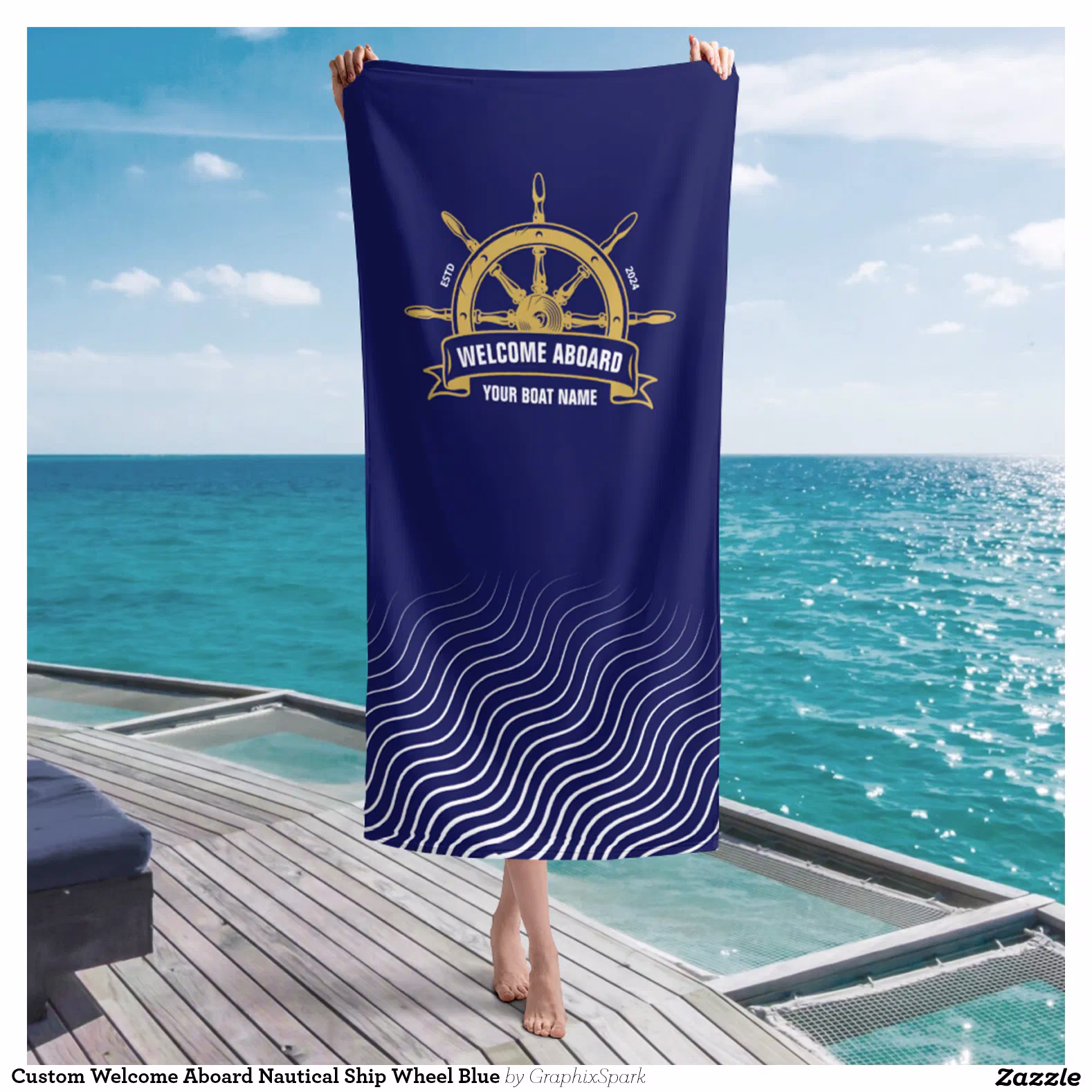 Custom Welcome Aboard Nautical Ship Wheel Blue Beach Towel