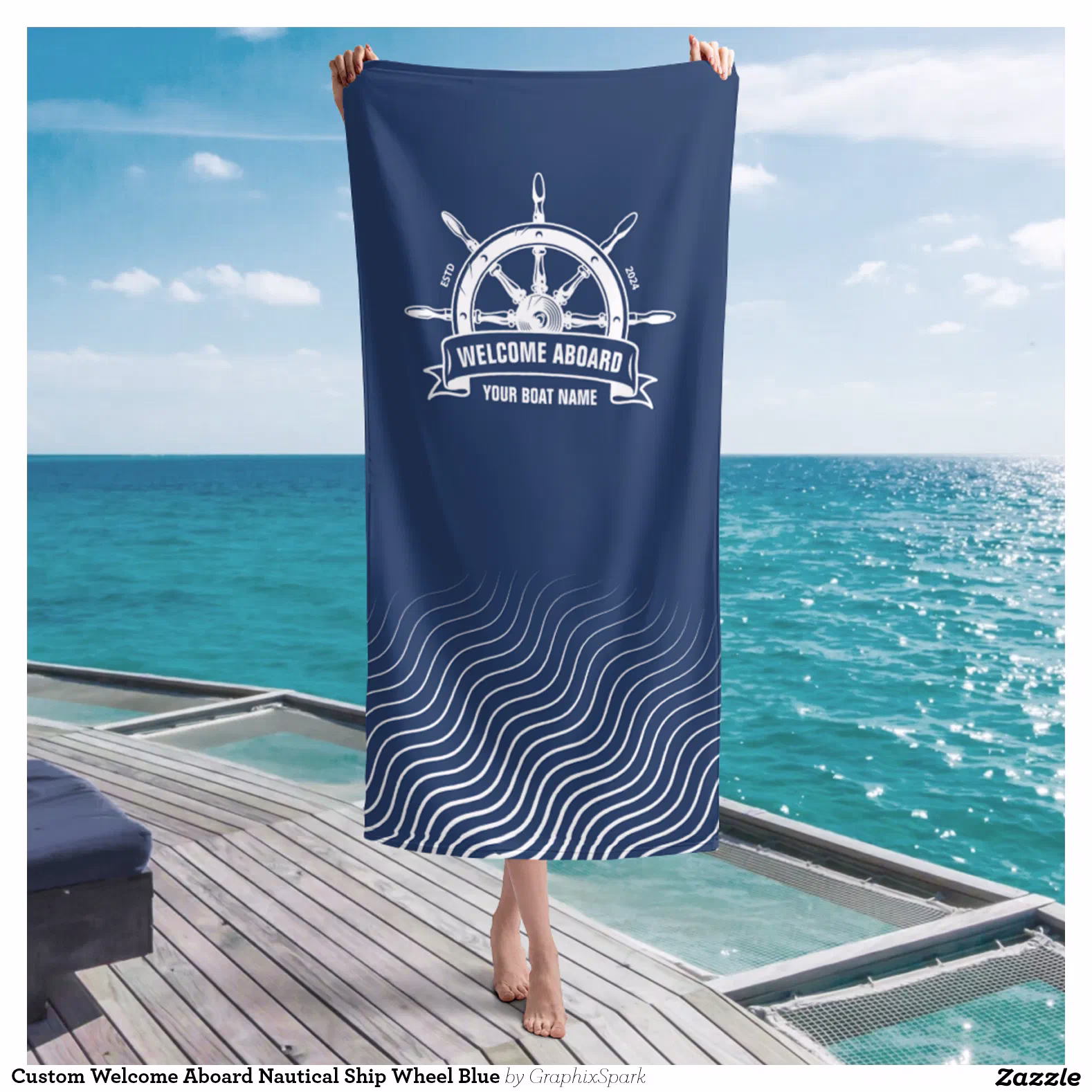 Custom Welcome Aboard Nautical Ship Wheel Blue Beach Towel