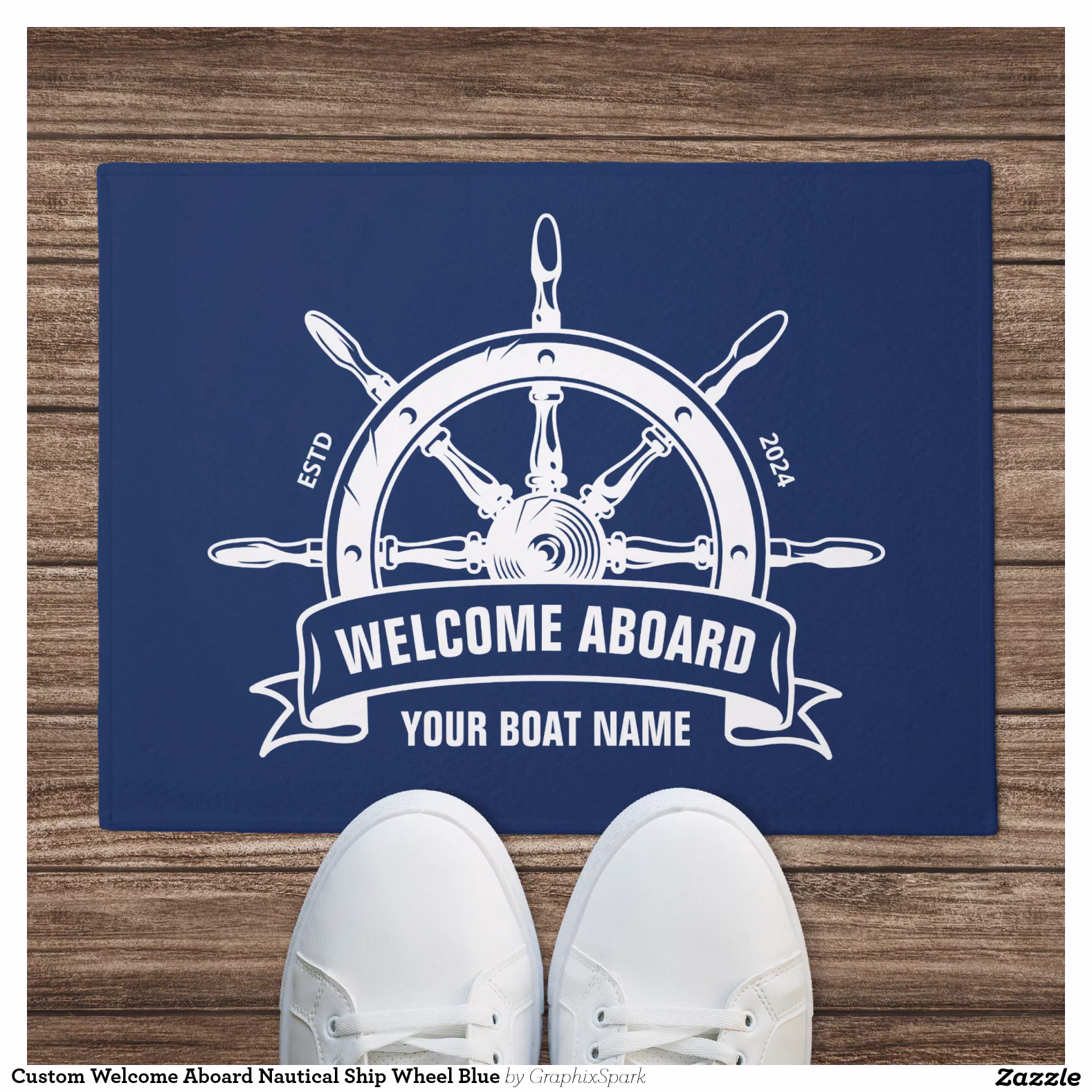 Custom Welcome Aboard Nautical Ship Wheel Blue Doormat