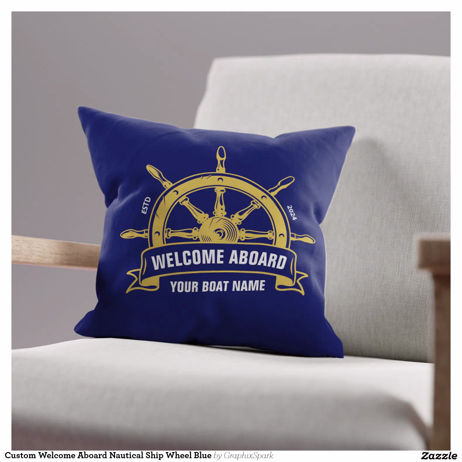 Custom Welcome Aboard Nautical Ship Wheel Blue Throw Pillow