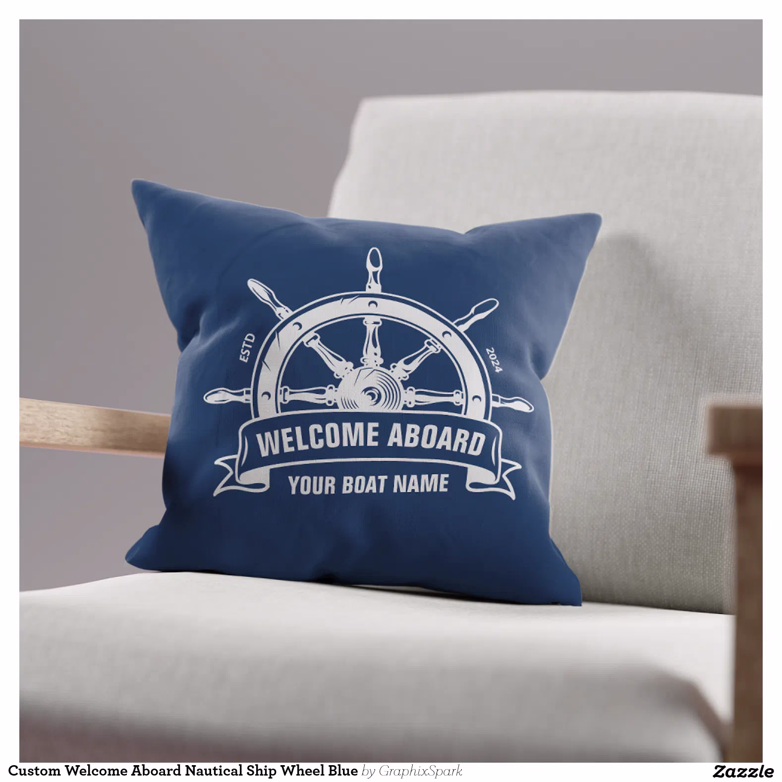 Custom Welcome Aboard Nautical Ship Wheel Blue Throw Pillow