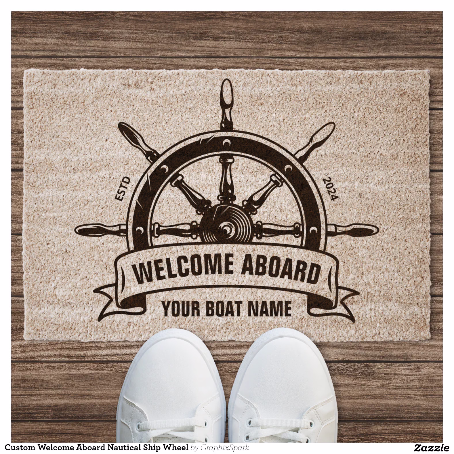 Custom Welcome Aboard Nautical Ship Wheel Fiber Doormat