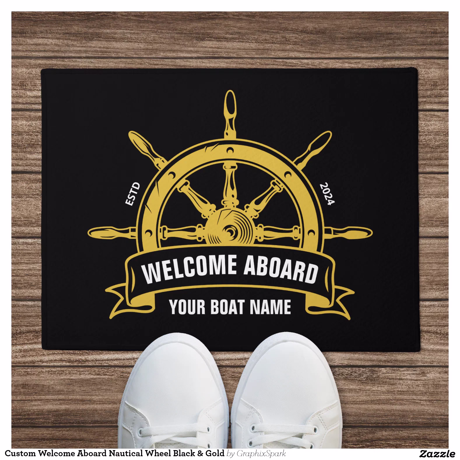 Custom Welcome Aboard Nautical Wheel Black & Gold Doormat
