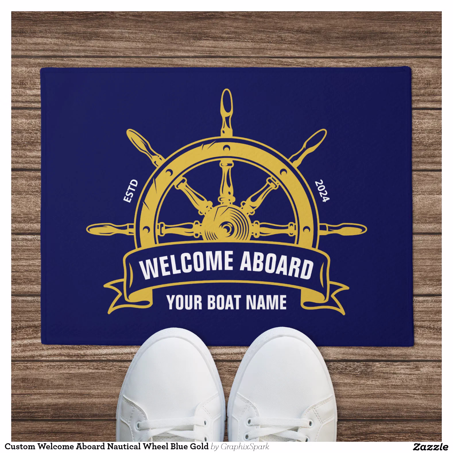 Custom Welcome Aboard Nautical Wheel Blue Gold Doormat