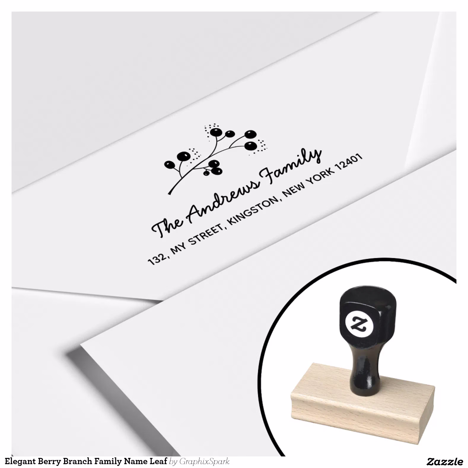 Elegant Berry Branch Family Name Leaf Rubber Stamp