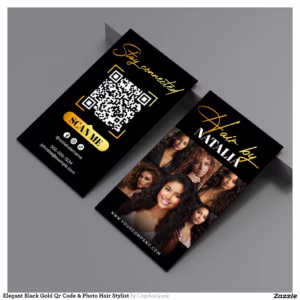Elegant Black Gold Qr Code & Photo Hair Stylist Business Card