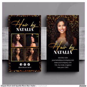 Elegant Black Gold Sparkle Photo Hair Stylist Business Card