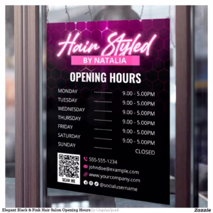 Elegant Black & Pink Hair Salon Opening Hours Window Cling