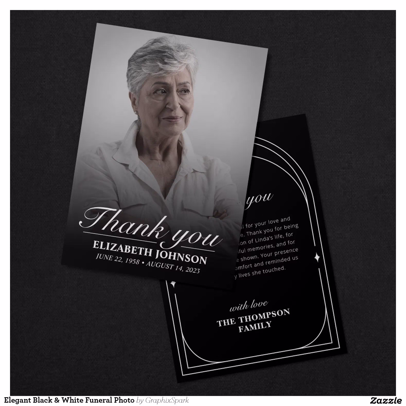 Elegant Black & White Funeral Photo Thank You Card