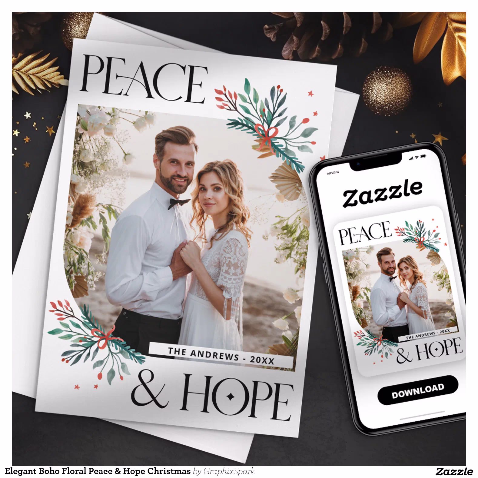 Elegant Boho Floral Peace & Hope Christmas Holiday Card