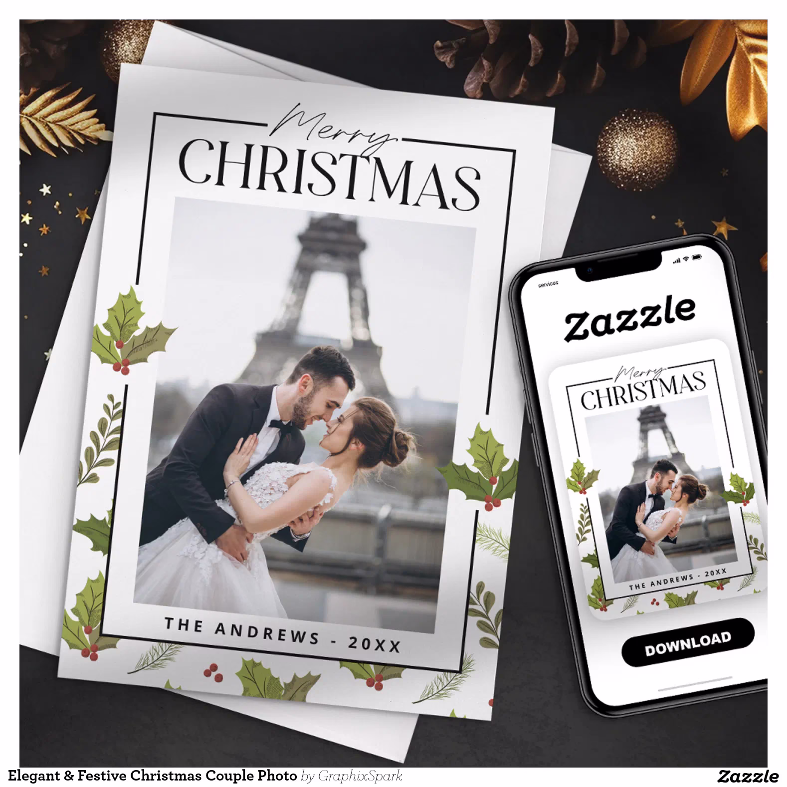 Elegant & Festive Christmas Couple Photo Holiday Card