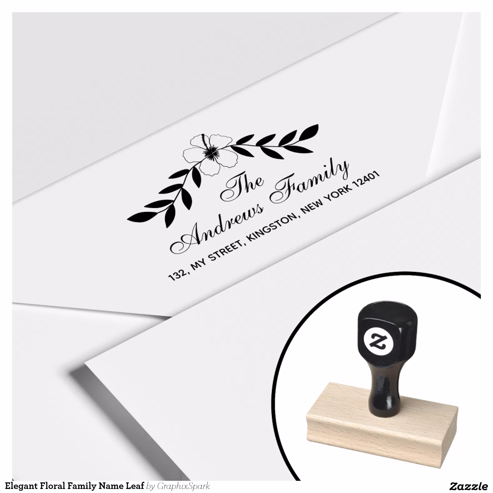 Elegant Floral Family Name Leaf Rubber Stamp