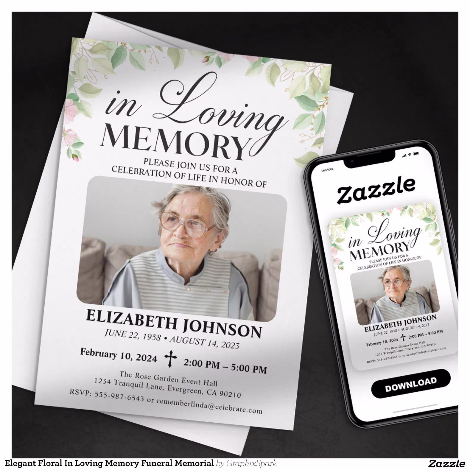 Elegant Floral In Loving Memory Funeral Memorial Invitation