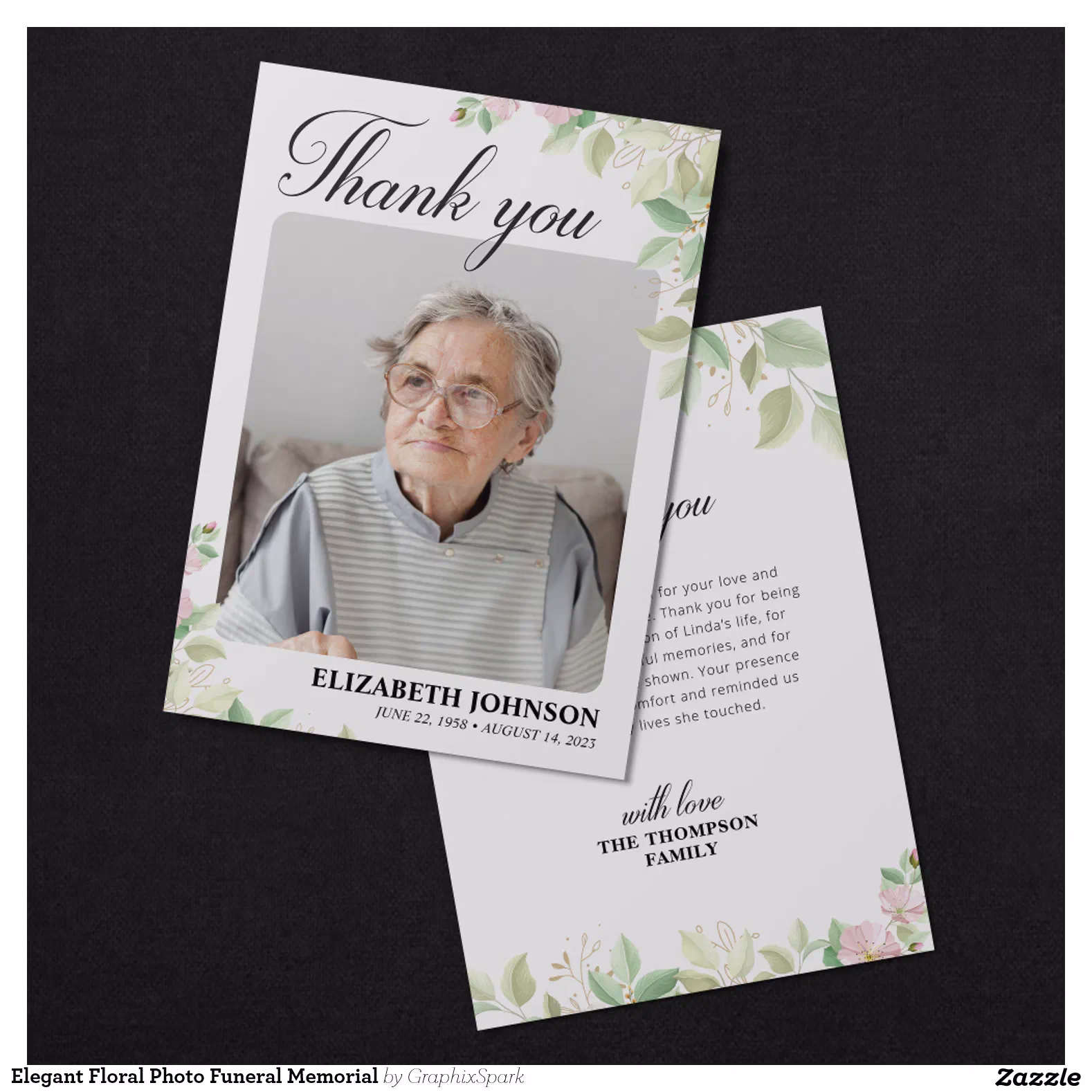 Elegant Floral Photo Funeral Memorial Thank You Card