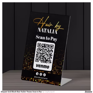 Elegant Gold Black Hair Stylist Venmo Scan to Pay  Pedestal Sign