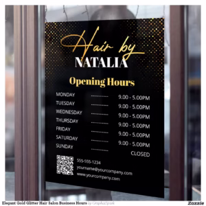 Elegant Gold Glitter Hair Salon Business Hours Window Cling
