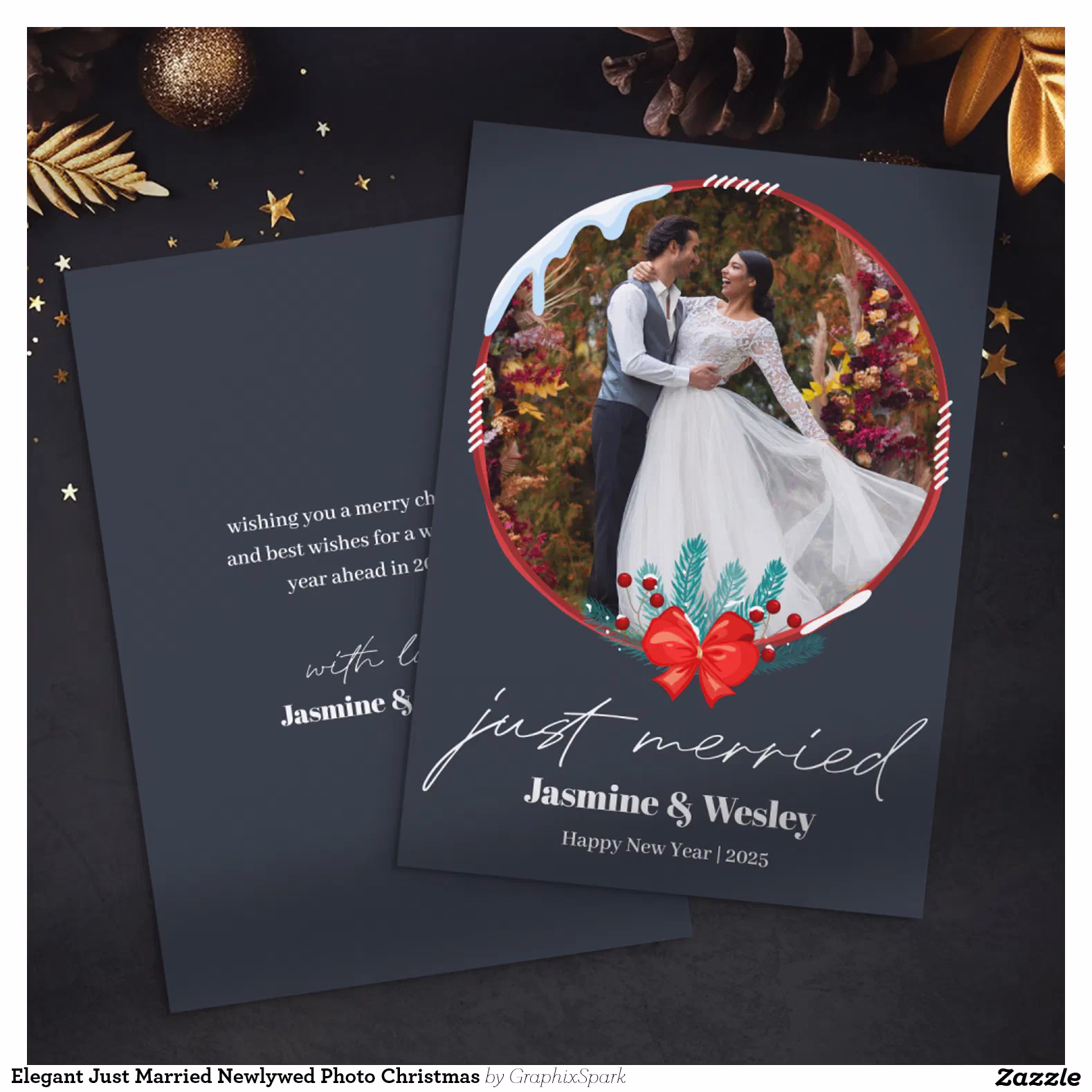 Elegant Just Married Newlywed Photo Christmas Holiday Card