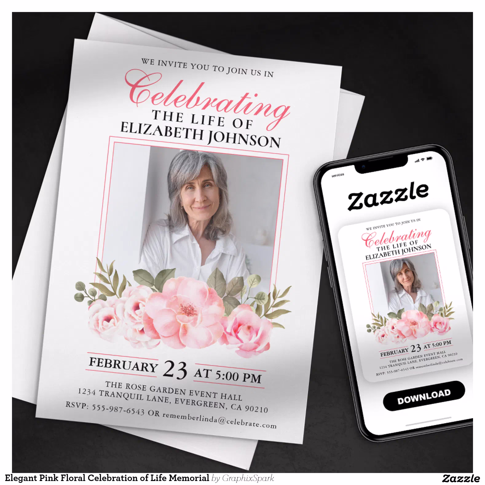 Elegant Pink Floral Celebration of Life Memorial Invitation