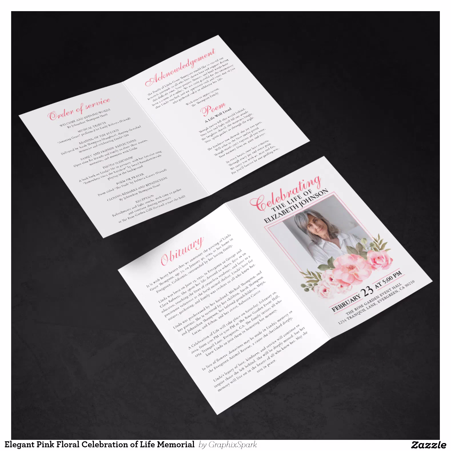 Elegant Pink Floral Celebration of Life Memorial  Program