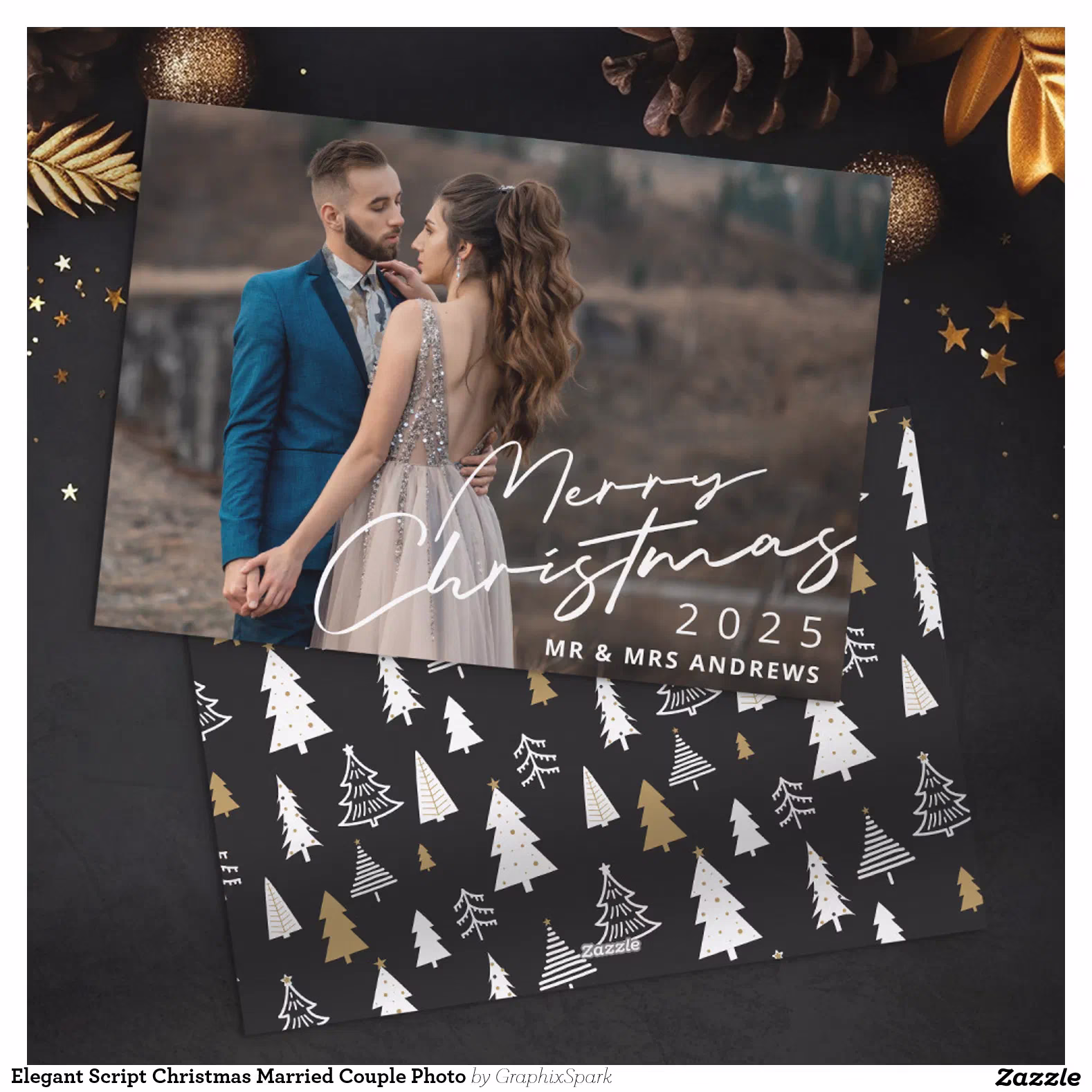 Elegant Script Christmas Married Couple Photo Holiday Card