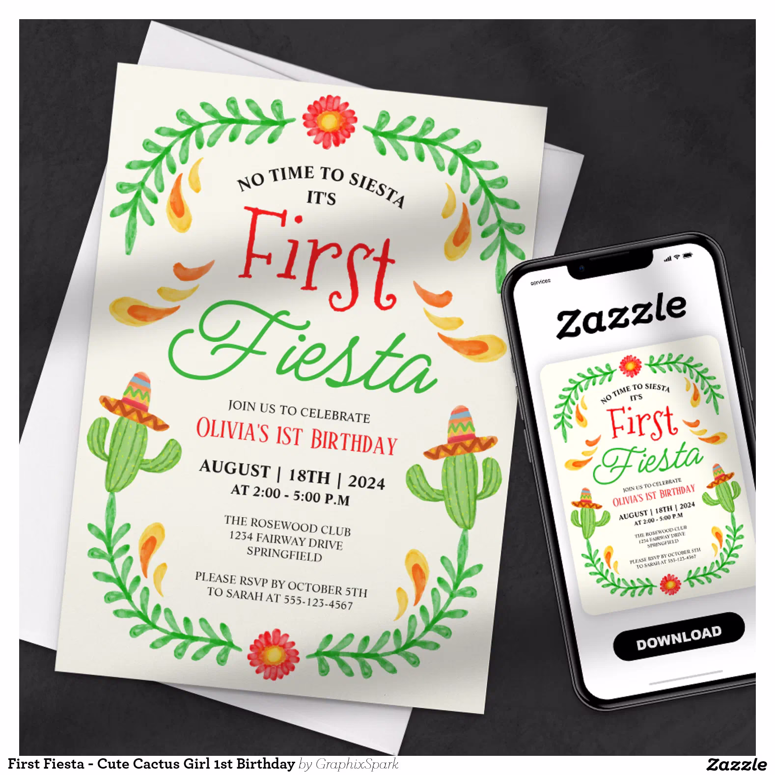 First Fiesta - Cute Cactus Girl 1st Birthday Invitation