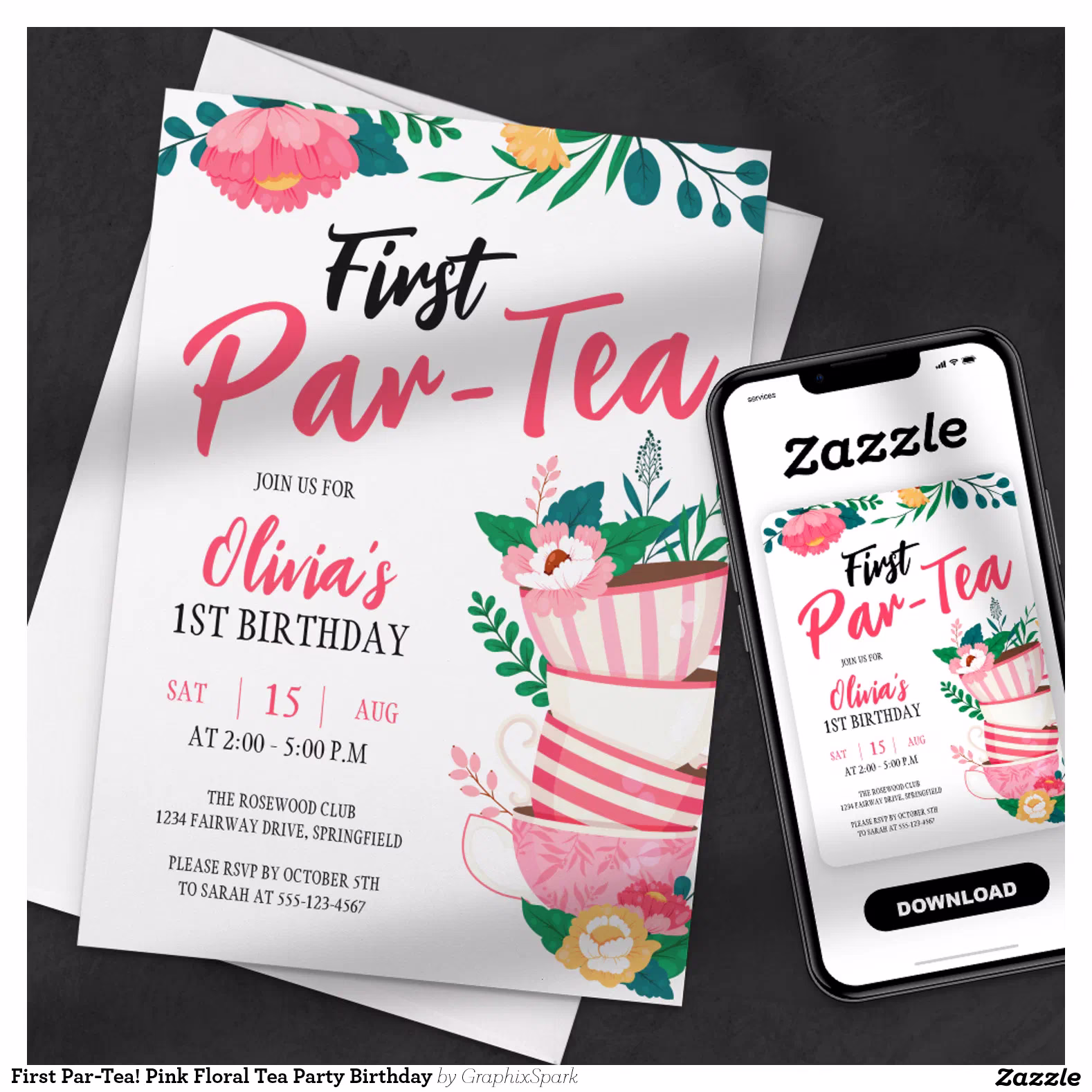 First Par-Tea! Pink Floral Tea Party Birthday Invitation