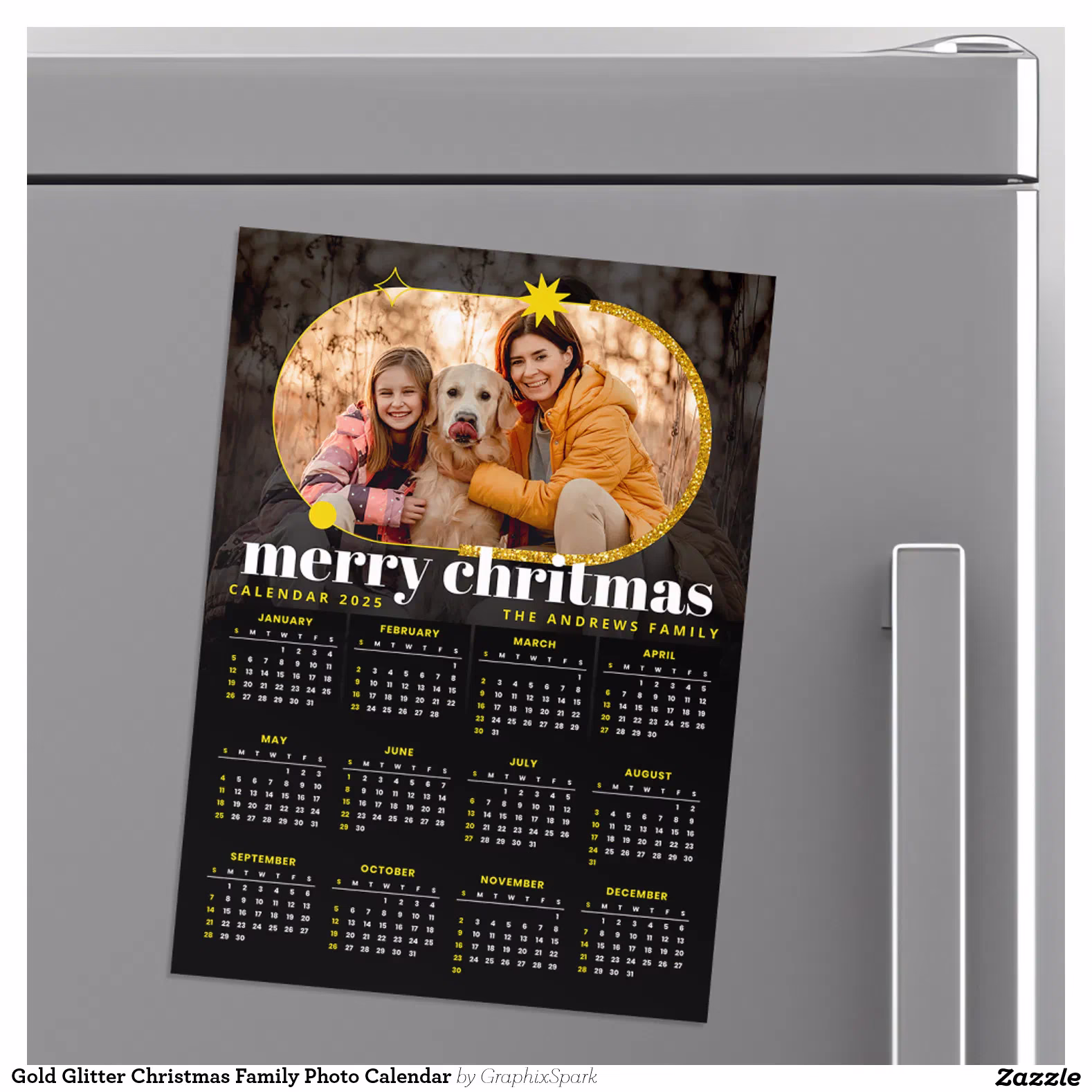 Gold Glitter Christmas Family Photo Calendar