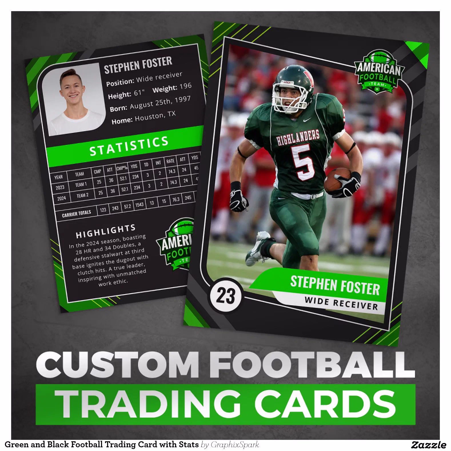 Green and Black Football Trading Card with Stats