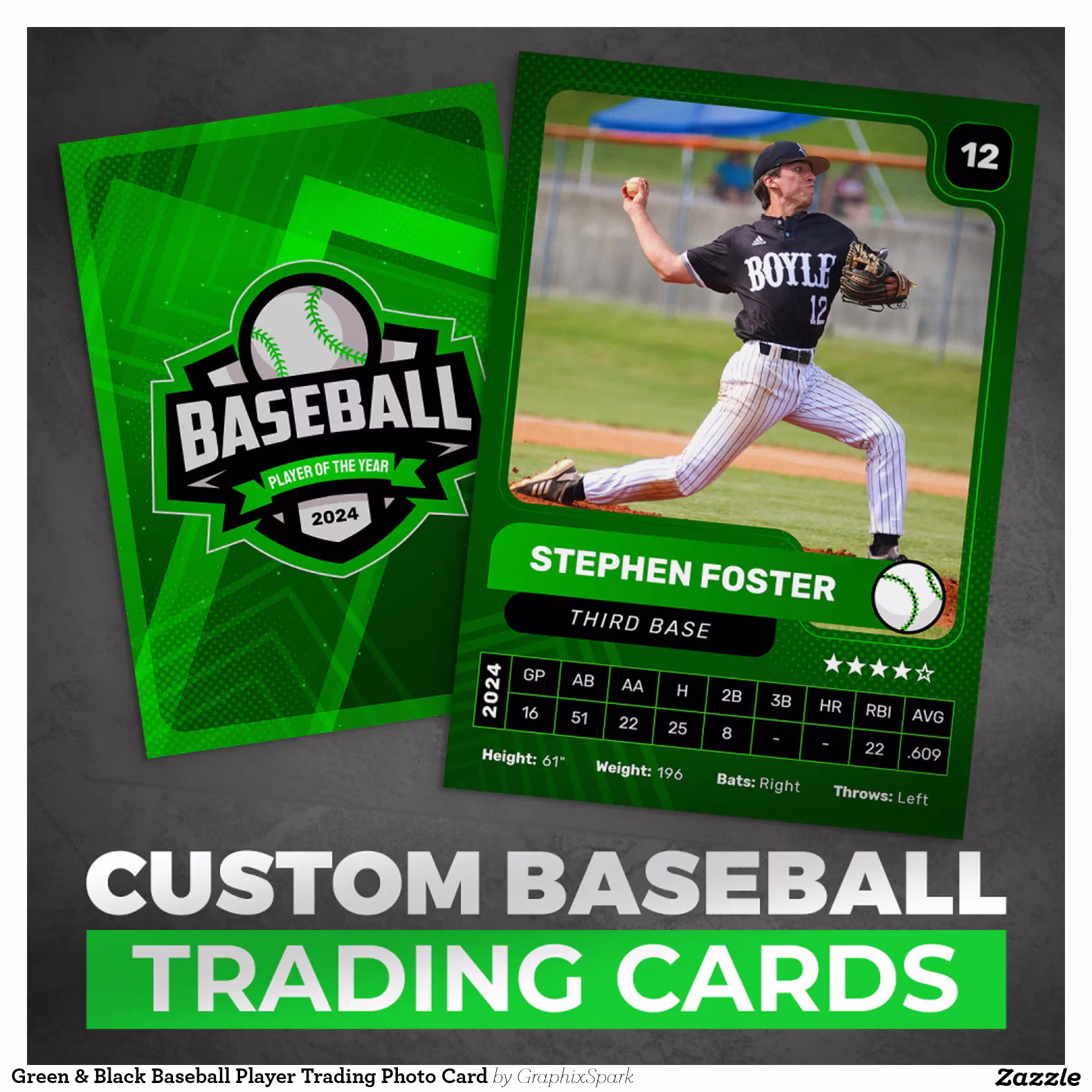 Green & Black Baseball Player Trading Photo Card